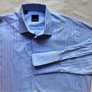 David Donahue Blue Dressy Shirt Striped French Cuff Size 17 32/33 Luxury Men’s